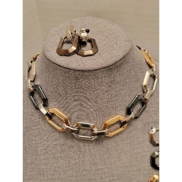 Retro Necklace Set Chunky Brutalist Chain Choker Bracelet Earring Tri Tone - Picture 10 of 12